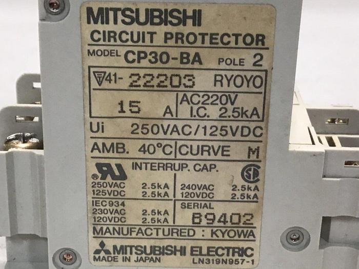 Used MITSUBISHI 15 Amp Circuit Protector CP30-BA-2P-15A #119646