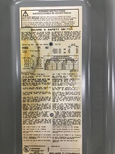 Used SQUARE D Safety Disconnect Switch H362 F1 #97439