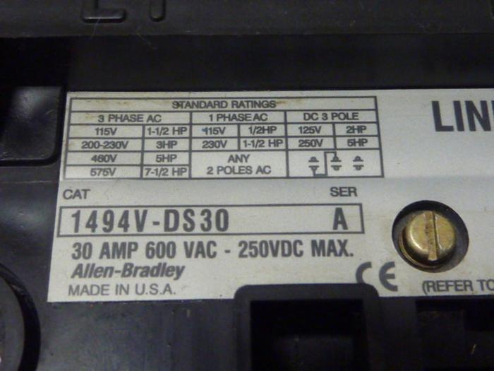 Used ALLEN BRADLEY 30 Amp Disconnect Switch 1494V-DS30 SER A #57413