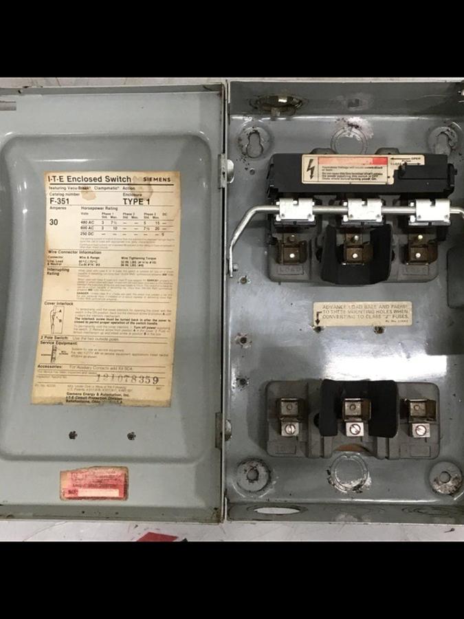 Used SIEMENS 30 Amp Disconnect Switch F351 USED