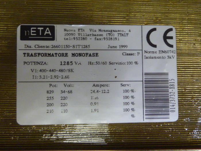 Used ETA 1.285 kVA Transformer 26601150-S1T1285 #63160