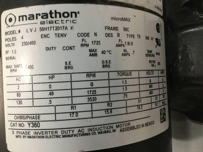 Used MARATHON ELECTRIC .5 HP Induction Motor LVJ 56H17T2017A #98137