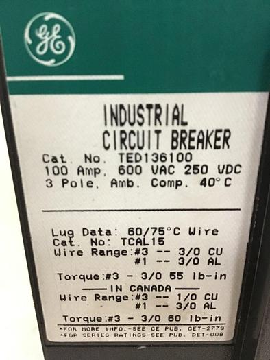 Used GENERAL ELECTRIC / GE 100 Amp Circuit Breaker TED136100 USED