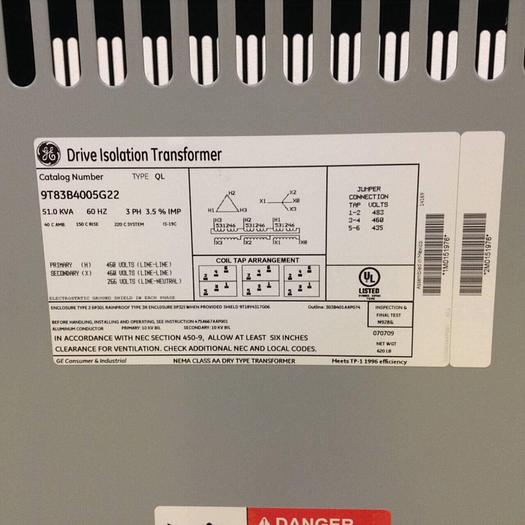 Used GENERAL ELECTRIC 51 kVA Transformer 9T83B4005G22 Used