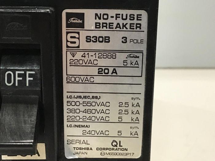Used TOSHIBA 20 Amp Circuit Breaker S30B-3P-20A #119777