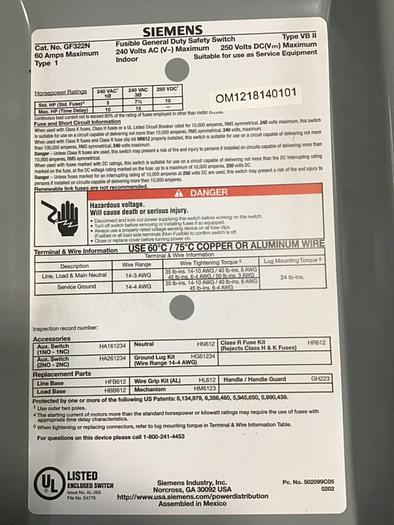Used SIEMENS General Duty Safety Disconnect Switch GF322N VBII #137856