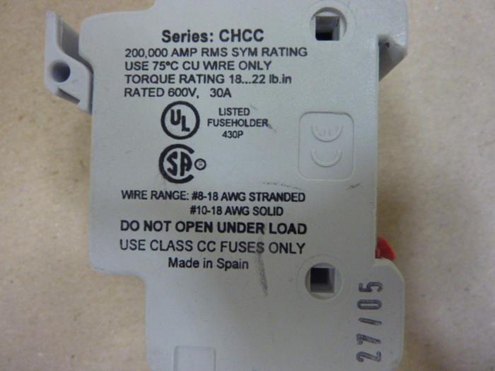 Used BUSSMANN 30 Amp Fuse Holder CHCC2D1 #47157