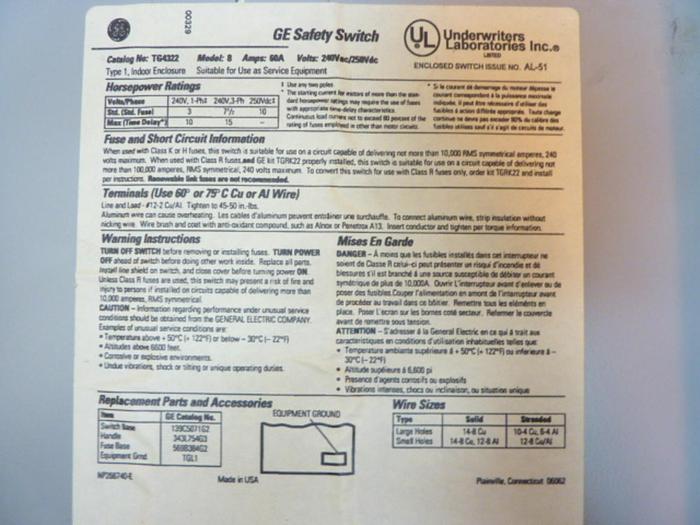 Used GENERAL ELECTRIC / GE 60 Amp Safety Disconnect Switch TG4322 #41595