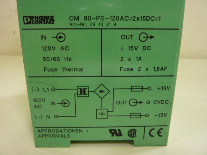 Used PHOENIX CONTACT Power Supply CM 90-PS-120AC/2X15DC/1 #65176