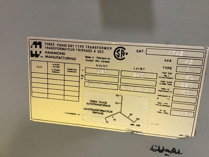 Used HAMMOND 45 kVA Transformer KF45 Used