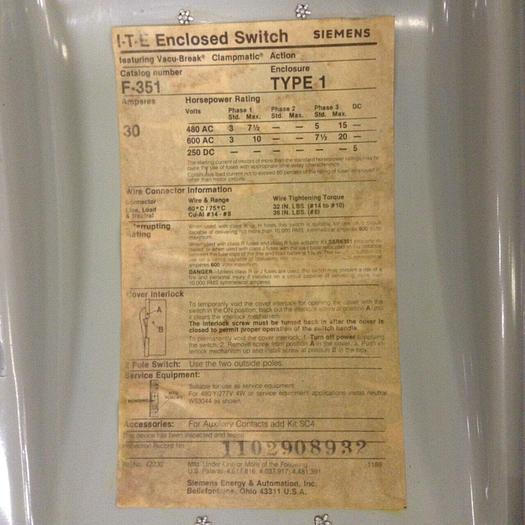 Used SIEMENS 30 Amp Disconnect Switch F351 #84521