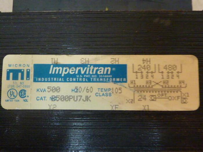 Used IMPERVITRAN .500 kVA Industrial Control Transformer B500PU7JK #34989