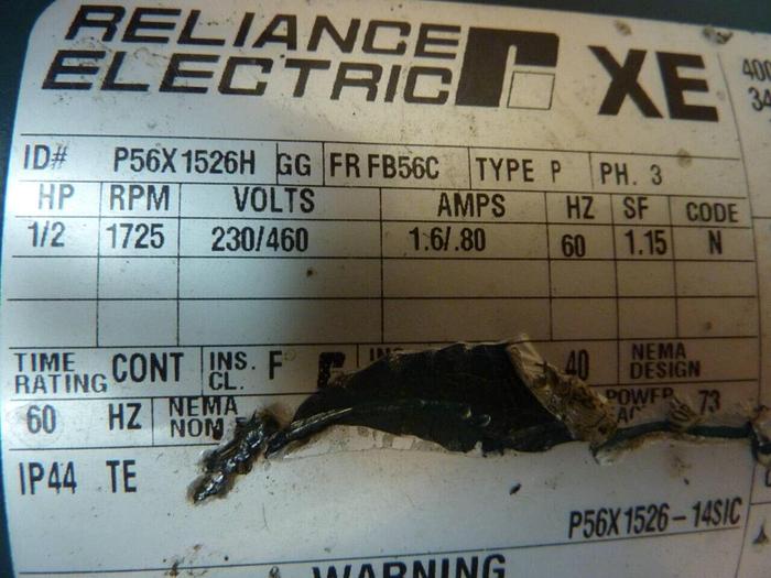 Used RELIANCE ELECTRIC 1/2 HP Motor P56X1526H GG FRFB56C USED