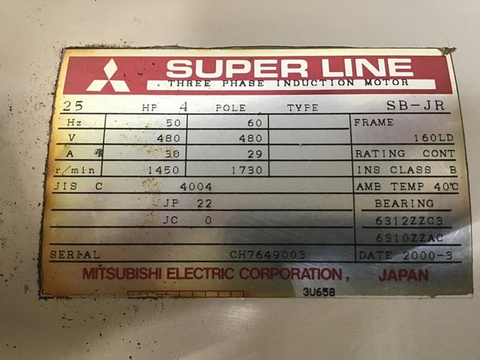 Used MITSUBISHI 25 HP Induction Motor SB-JR 25 HP #128598