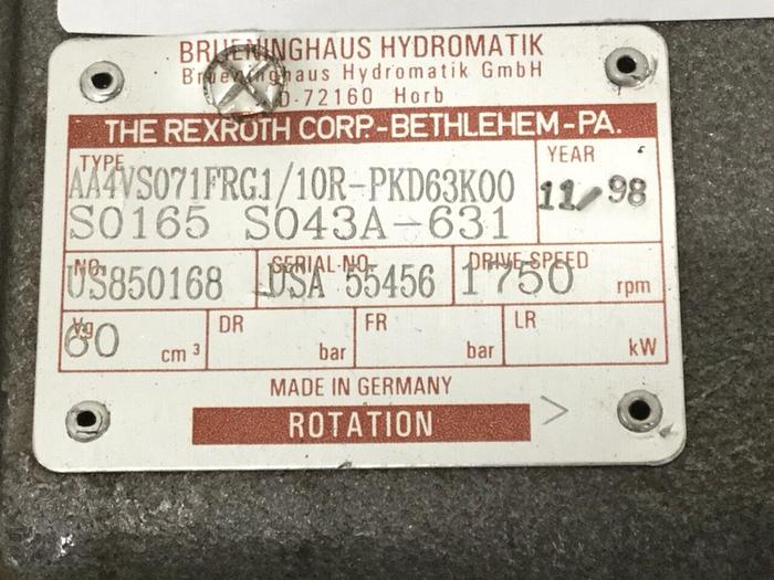 Used BRUENINGHAUS HYDRAULIK Hydraulic Pump AA4VS071FRG1 Used