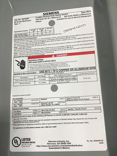 Used SIEMENS General Duty Safety Disconnect Switch GF322N VBII #137857