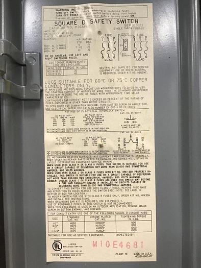 Used SQUARE D 30 Amp Safety Disconnect Switch H361AWK E1 Used