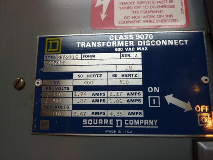 Used SQUARE D Transformer Disconnect 9070-SK5271S #28233