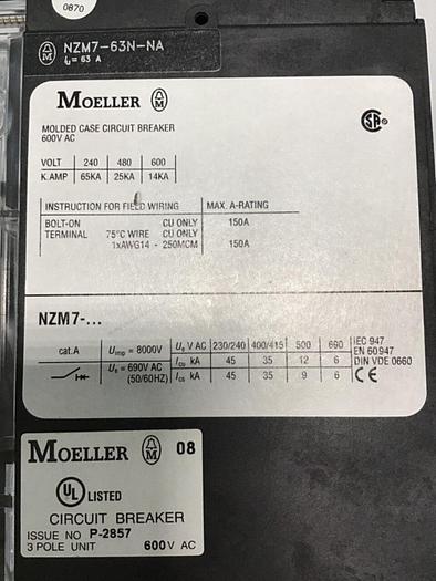 Used MOELLER 63 Amp Circuit Breaker NZM7-63N-NA #136074