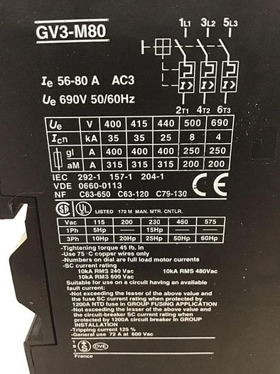 Used TELEMECANIQUE Motor Starter GV3-M80 Used