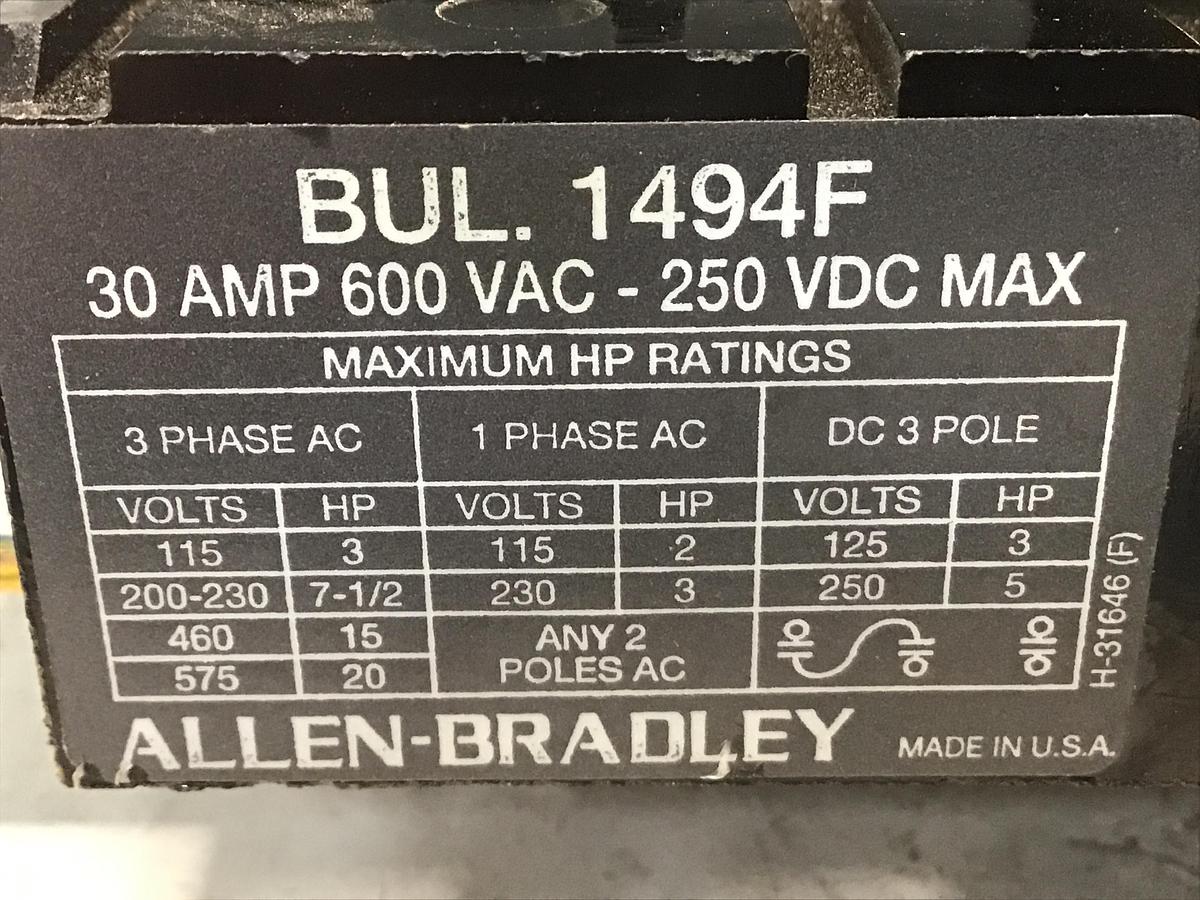 Used ALLEN BRADLEY 1494F-J633 Ser A Dissconnect Switch Used #140977