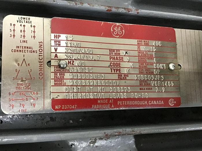 Used GENERAL ELECTRIC 15 HP Motor 5K286QNB6000A Used