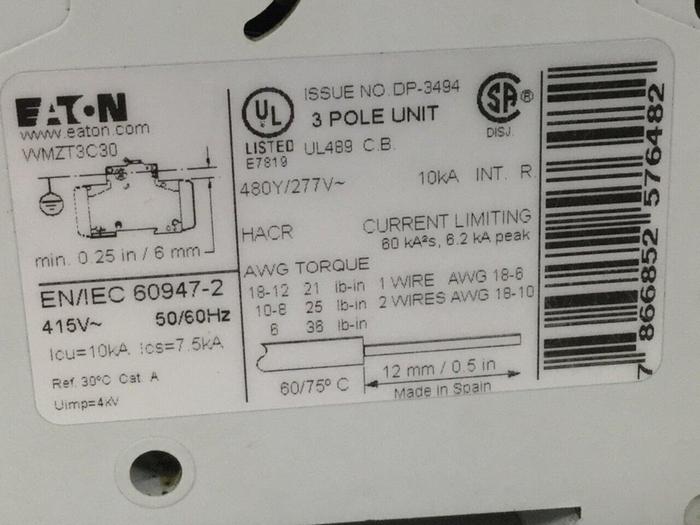 Used EATON CORPORATION 30 Amp Circuit Breaker WMZT3C30 #104036