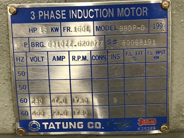 Used TATUNG 15 HP Induction Motor BBDP-D Used