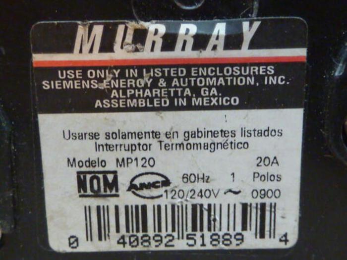 Used SIEMENS 20 Amp Circuit Breaker MP120 #47118