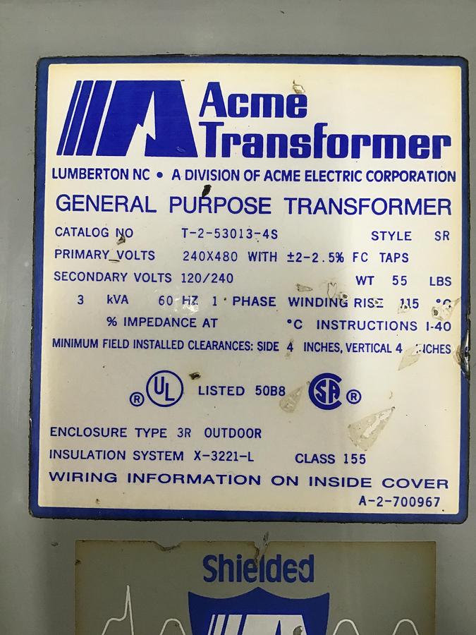 Used ACME ELECTRIC T-2-53013-4S 3 kVA Transformer Used #140836