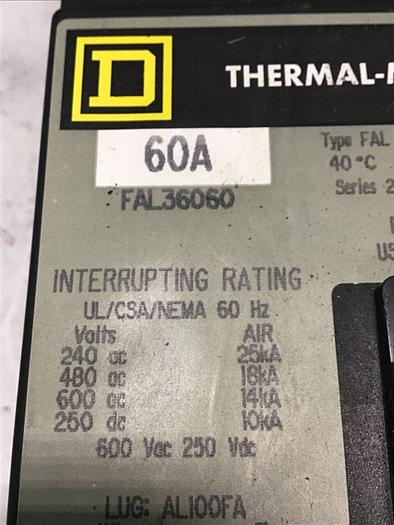 Used SQUARE D 60 Amp Circuit Breaker FAL36060 / SWITCH #138658