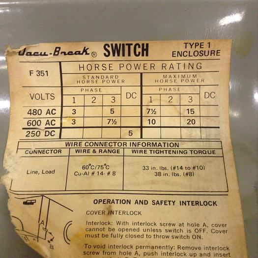 Used SIEMENS 30 Amp Disconnect Switch F351 #84520