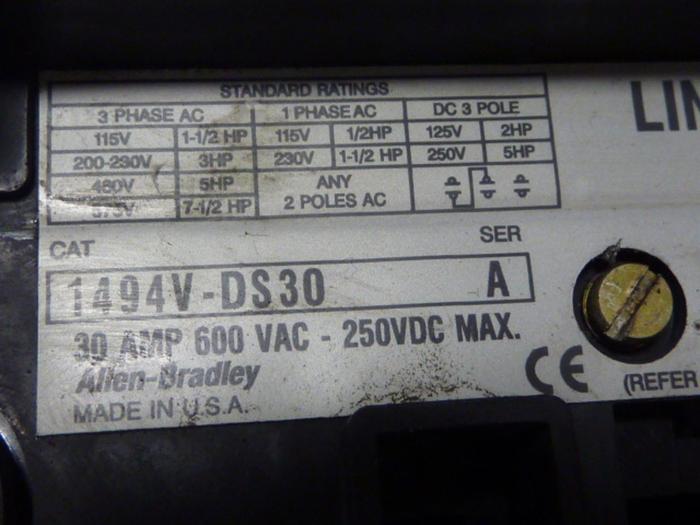 Used ALLEN BRADLEY 30 Amp Disconnect Switch 1494V-DS30 SER A #57397
