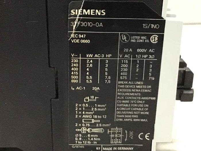 Used SIEMENS Contactor 3TF3010-0A #124004