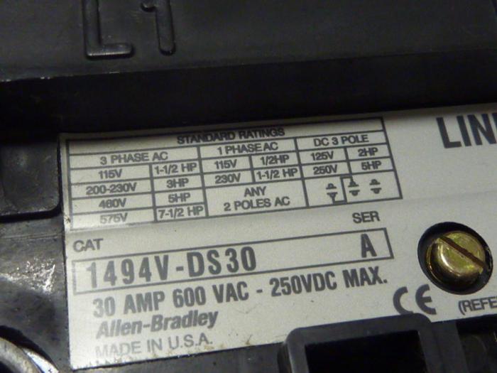 Used ALLEN BRADLEY 30 Amp Disconnect Switch 1494V-DS30 SER A #57400