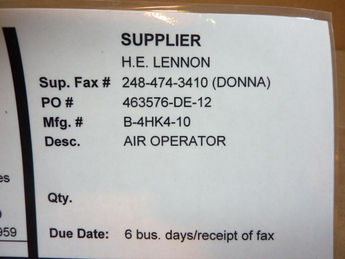 SWAGELOK Air Operator Valve B-4HK4-10 #41028