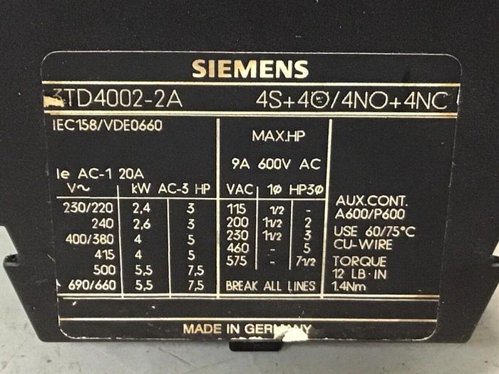 Used SIEMENS Contactor 3TF40 3TD4002-2A #124109