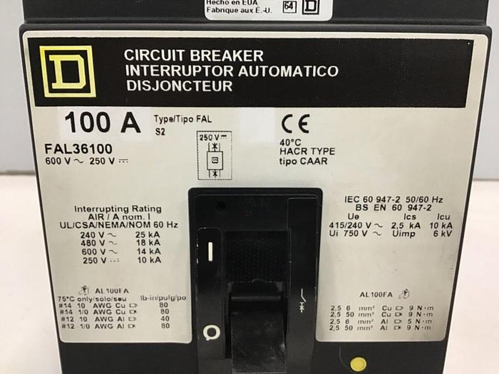 Used SQUARE D 100 Amp Circuit Breaker FAL36100 #145124