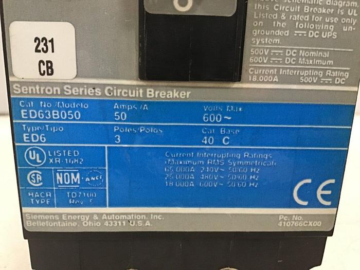 Used SIEMENS 50 Amp Circuit Breaker ED63B050 Used