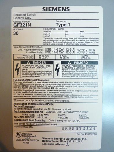 Used SIEMENS 30 Amp Safety Disconnect Switch GF321N #41584