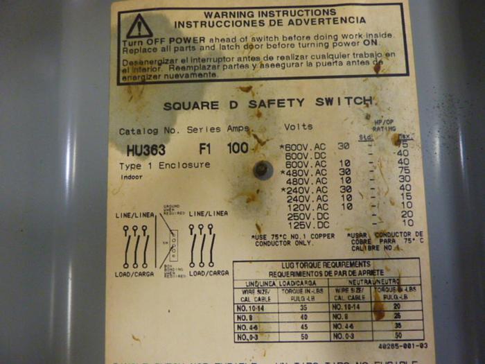 Used SQUARE D Disconnect Switch HU363 SER F1 #66739