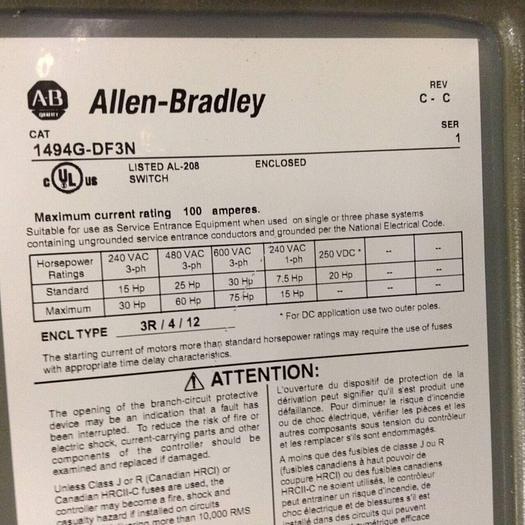 Used ALLEN BRADLEY Safety Switch 1494G-DF3N SER 1 #68129