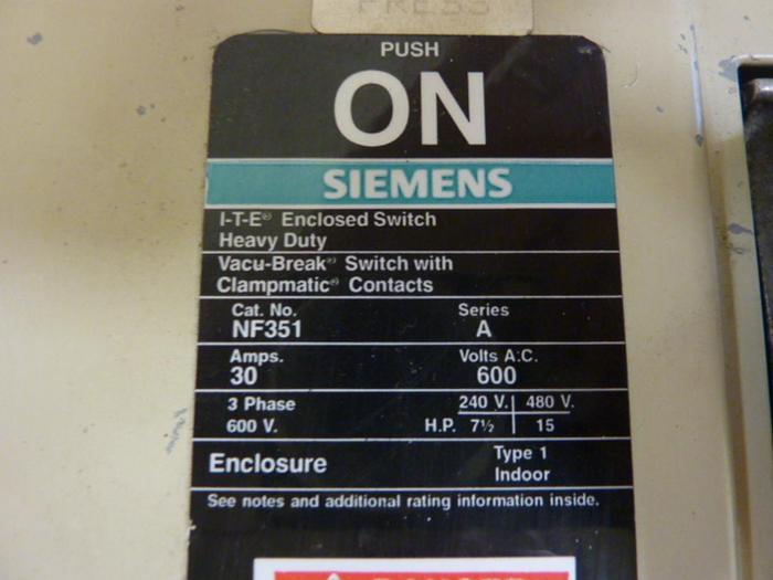 Used SIEMENS I-T-E Enclosed Disconnect Switch NF351 #67361