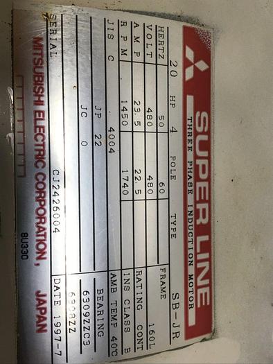 Used MITSUBISHI 20 HP Induction Motor SB-JR 20 HP #127140