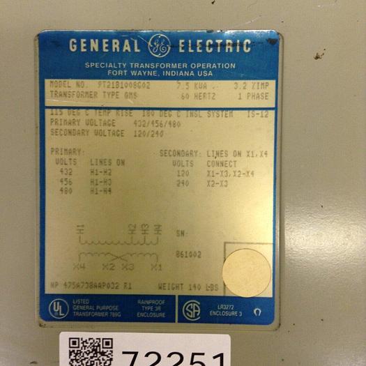 Used GENERAL ELECTRIC 7.5 kVA Transformer 9T21B1008G02 #72251