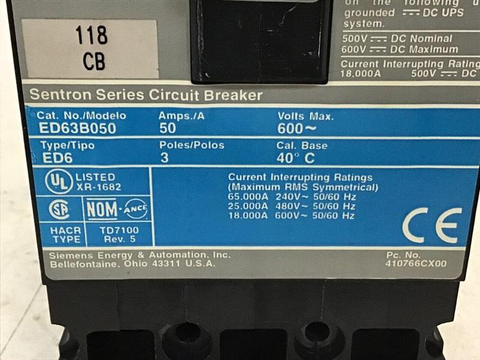 Used SIEMENS 50 Amp Circuit Breaker ED63B050 Used