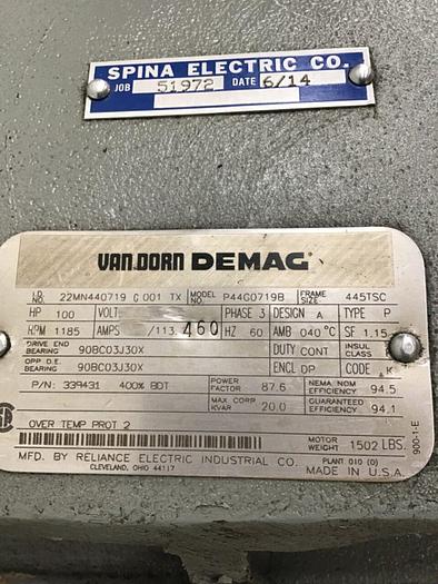 Used RELIANCE ELECTRIC Van Dorn Demag 100 HP Motor P44G0719B Used