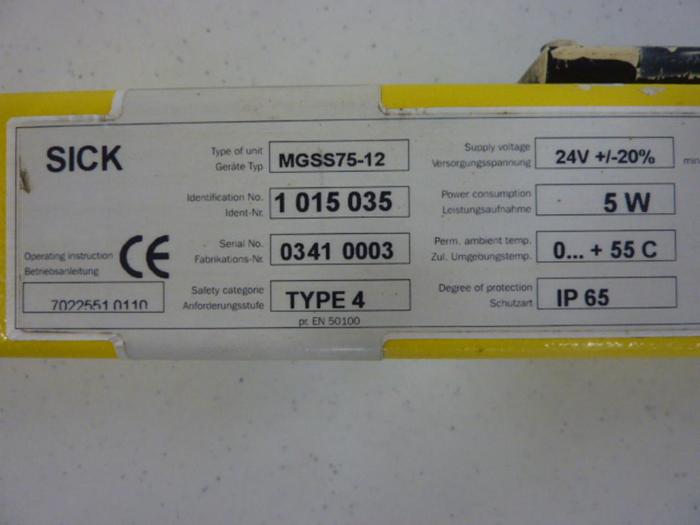 Used SICK OPTIC ELECTRONIC Light Curtain Sender MGSS75-12 #49841