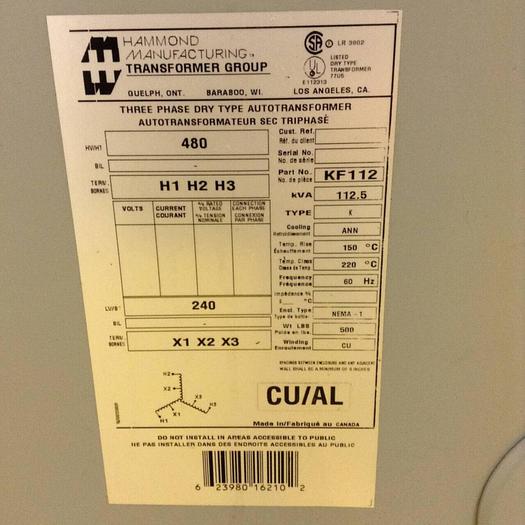 Used HAMMOND 112.5 kVA Transformer KF112 Used
