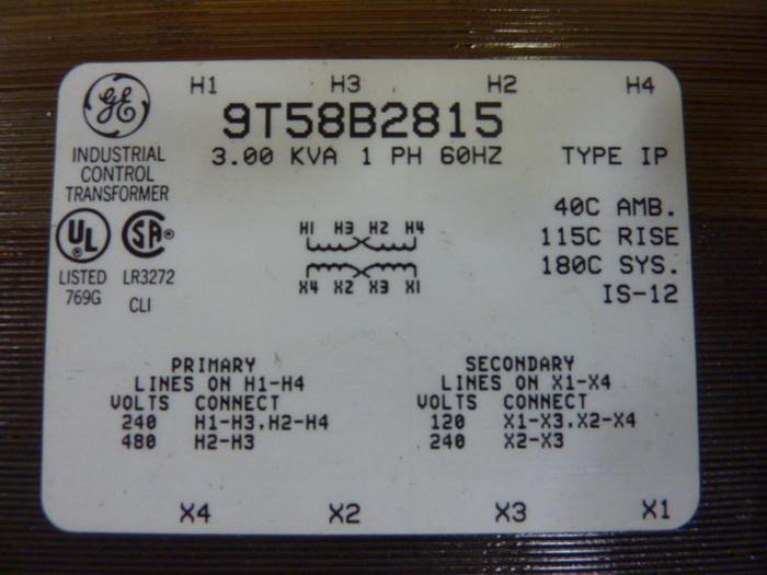 Used GENERAL ELECTRIC (G.E.) 3.00 kVA Transformer 9T58B2815 #58856